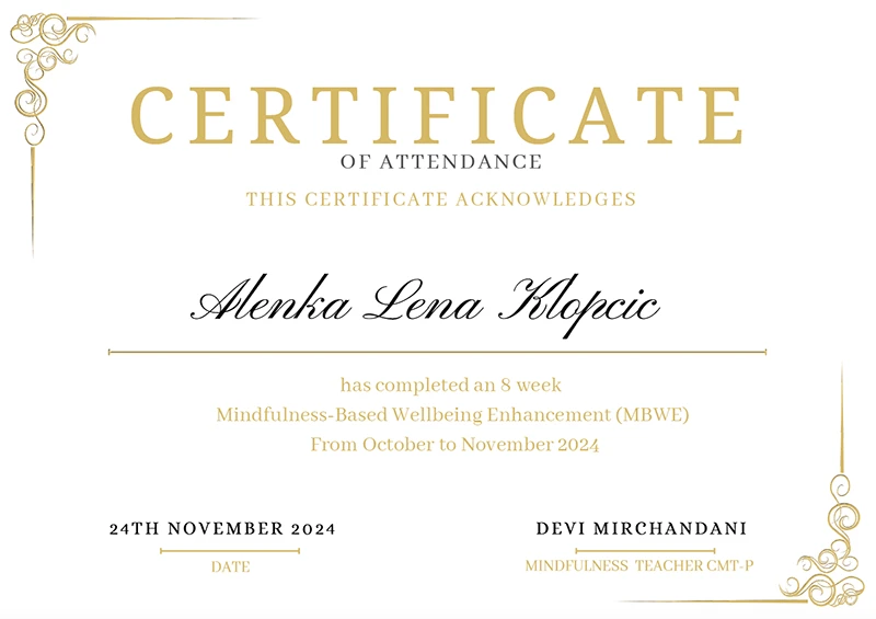 Alenka Lena Klopčič, certifikat Minfulness MBWE